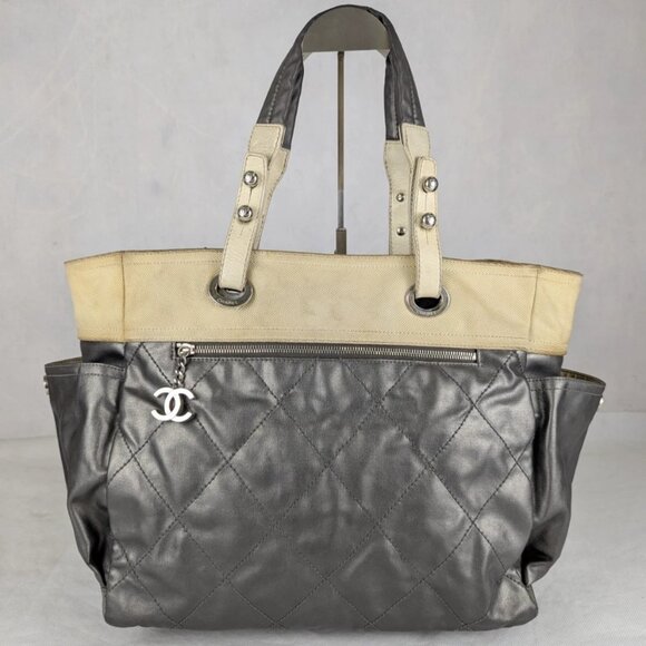Authentic Chanel Paris Biarritz GM Tote Bag Silvery Cream Handbag Made in Italy - Picture 1 of 16